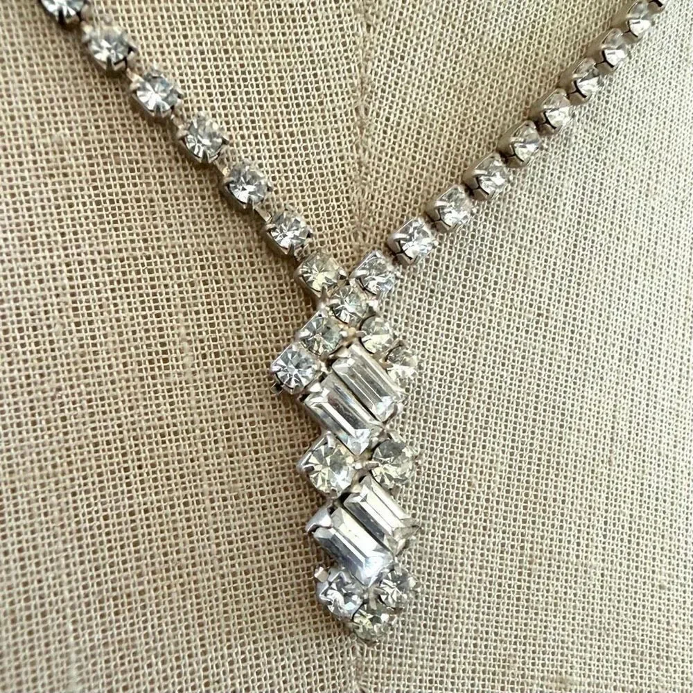 Vintage Rhinestone Tennis Necklace with Baguette Drop
